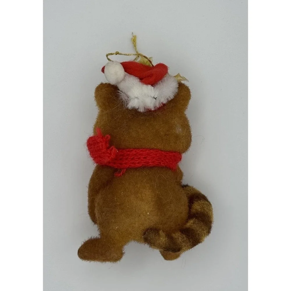 Vintage Flocked Raccoon Critter Sitters by Morgan Inc. Christmas Ornament 1970's